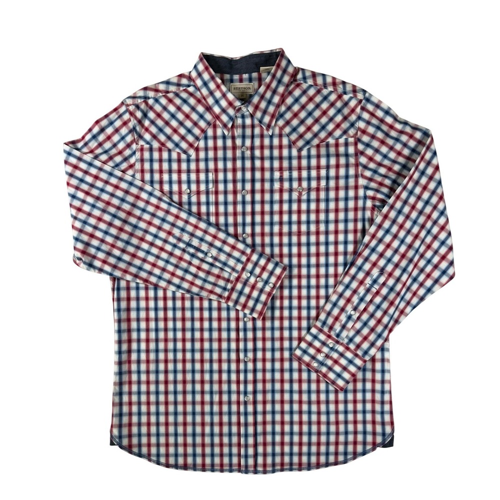 Stetson Western Snap Front Plaid Cowboy 100% Cotton Red White Blue Mens 2XL